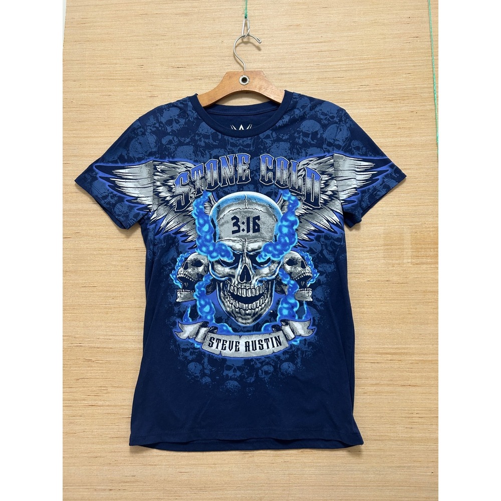 WWE Stone Cold Steve Austin 3:16 Blue Flame Skull Graphic T-Shirt Navy Small